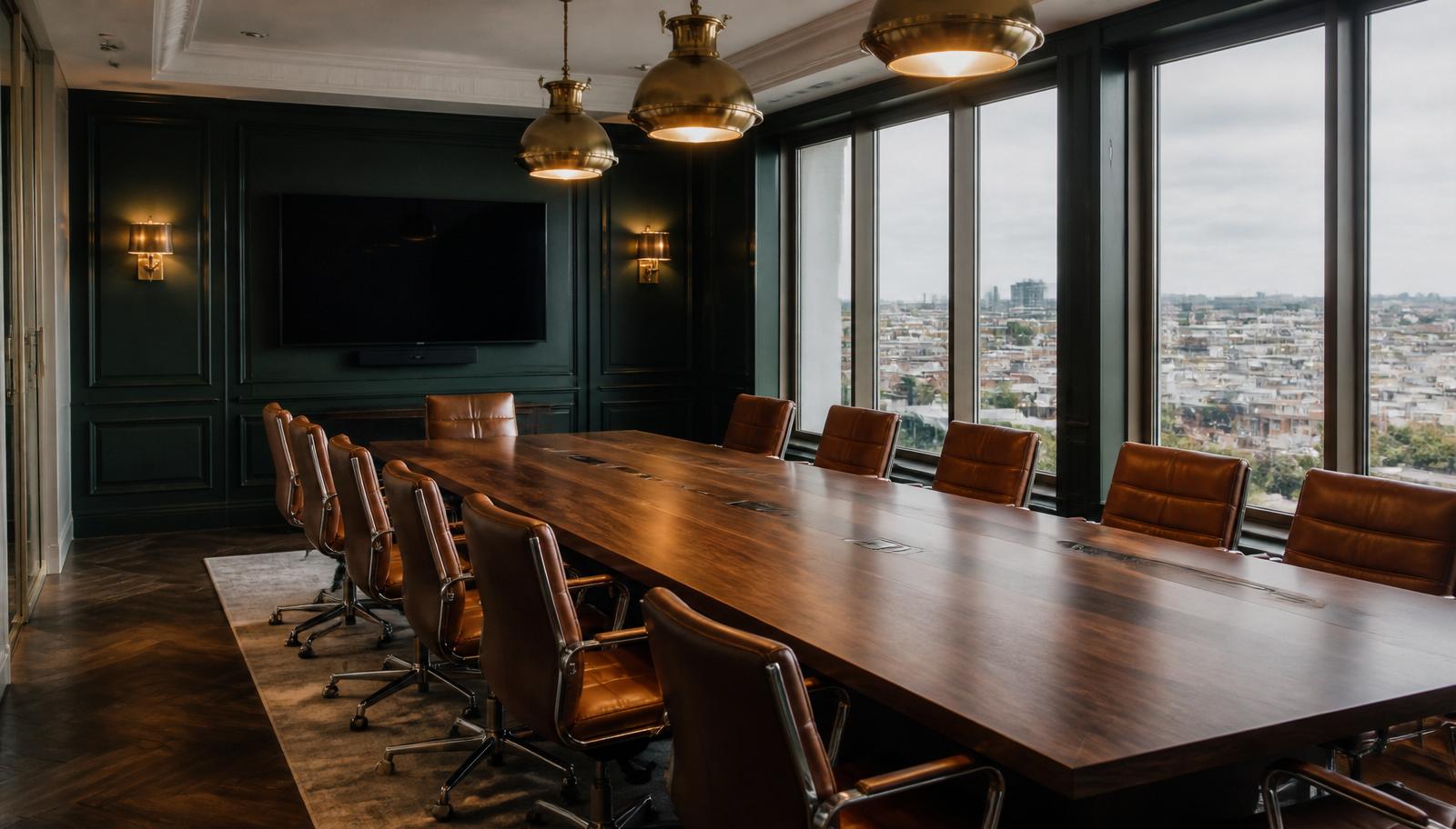 Executive boardroom in Dublin with walnut table, brass lighting and city view
