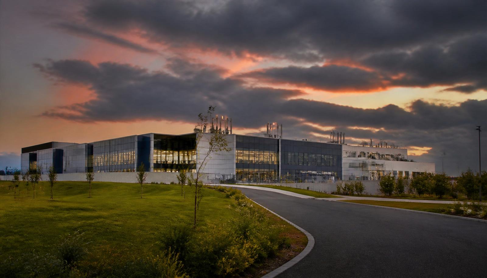 Semiconductor manufacturing campus in Leixlip Ireland at dusk